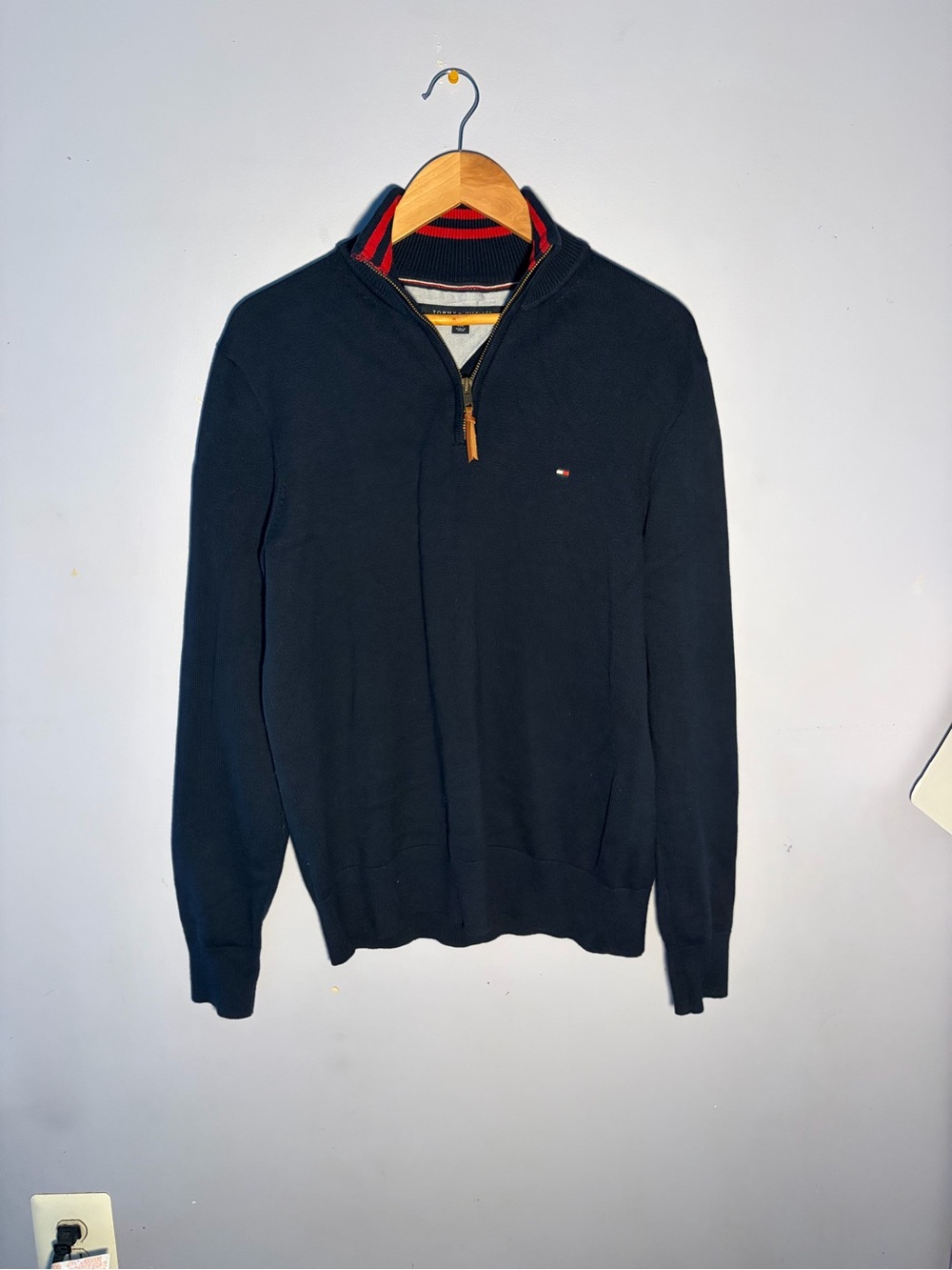 Tommy Hilfiger Men's Navy Half-Zip Sweater with Red Trim